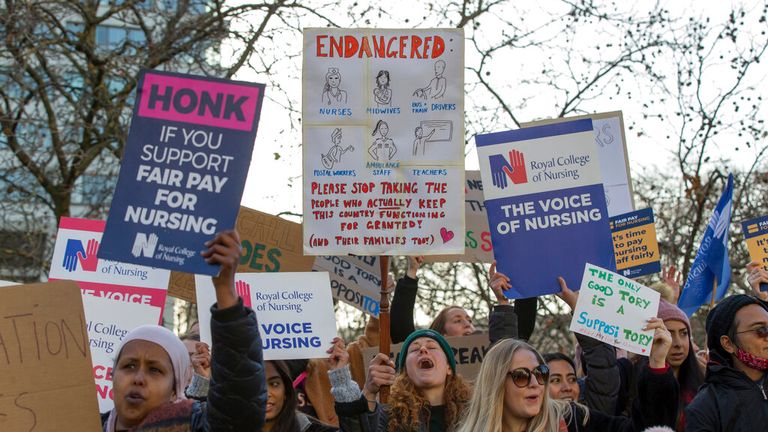 Nurses stage a protest at the picket line outside St Thomas Hospital in London in December.  Pic: AP