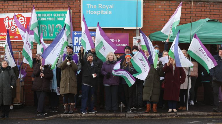 Unison members stage a 24 hour strike outside the Royal Victoria Hospital in Belfast, Northern Ireland. Monday December 12, 2022.
