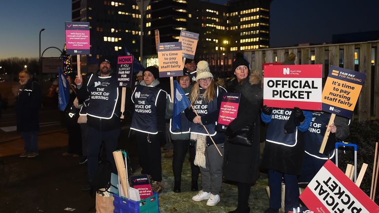 Members of the Royal College of Nursing (RCN) on the picket line outside the Aintree University Hospital in Liverpool as nurses in England, Wales and Northern Ireland take industrial action over pay. Picture date: Thursday December 15, 2022.