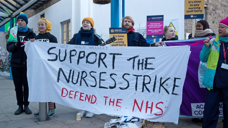 Members of the Royal College of Nursing (RCN) on the picket line outside Great Ormond Street Hospital in London as nurses in England, Wales and Northern Ireland take industrial action over pay. Picture date: Thursday December 15, 2022.