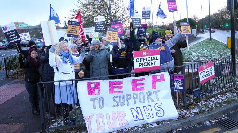 Members of the Royal College of Nursing (RCN) on the picket line outside the Freeman Hospital in Newcastle as nurses in England, Wales and Northern Ireland take industrial action over pay. Picture date: Thursday December 15, 2022.