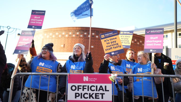 Members of the Royal College of Nursing (RCN) on the picket line outside Leeds General Infirmary as nurses in England, Wales and Northern Ireland take industrial action over pay. Picture date: Thursday December 15, 2022.