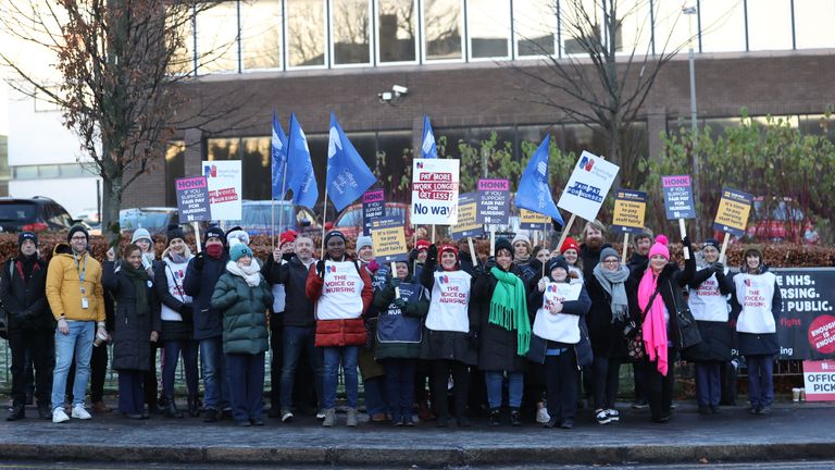 Members of the Royal College of Nursing (RCN) on the picket line outside Belfast City Hospital in Belfast as nurses in England, Wales and Northern Ireland take industrial action over pay. Picture date: Thursday December 15, 2022.