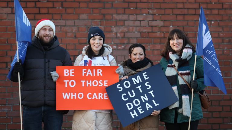 Members of the Royal College of Nursing (RCN) on the picket line outside the Royal Victoria Hospital in Belfast as nurses in England, Wales and Northern Ireland take industrial action over pay. Picture date: Thursday December 15, 2022.