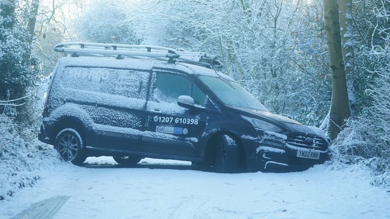 A van that has lost control in the snow in Castleside, Durham. Parts of the UK are being hit by freezing conditions with the UK Health Security Agency (UKHSA) issuing a Level 3 cold weather alert covering England until Monday and the Met Office issuing several yellow weather warnings for snow and ice in parts of the UK over the coming days. Picture date: Friday December 9, 2022.