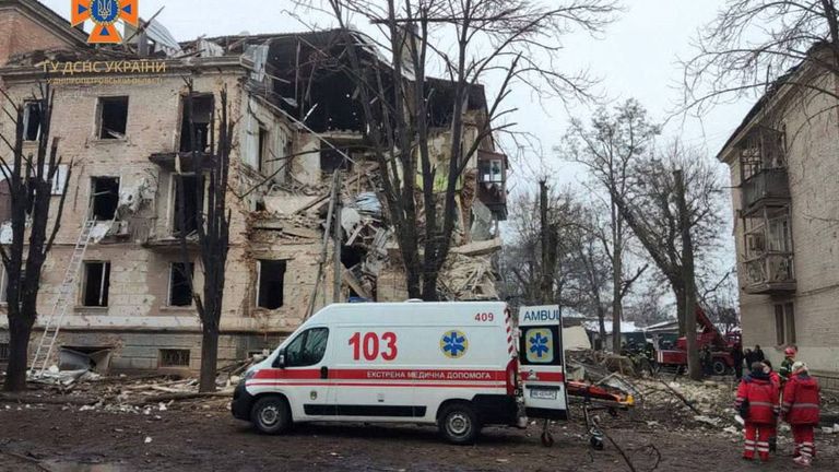 Emergency services at the site of the residential building blast in Kryvyi Rih. Pic: State Emergency Service of Ukraine via Reuters