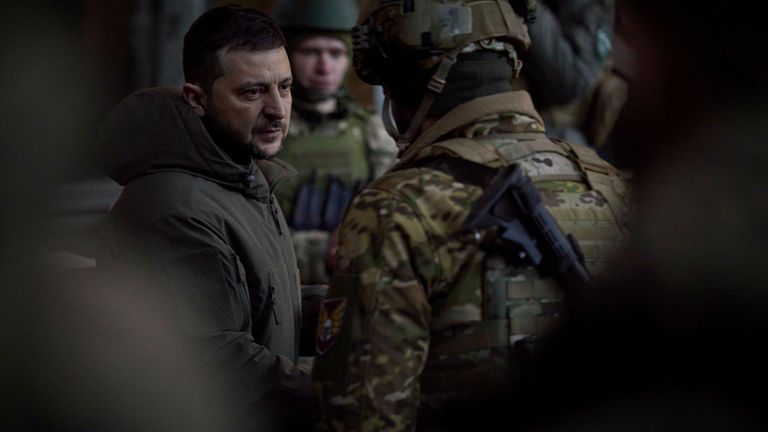Zelenskyy meets troops. Pic: AP