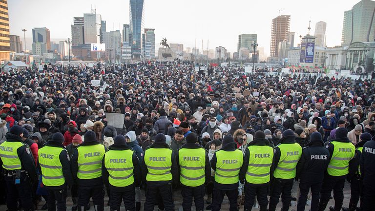 Protesters gather on Sukhbaatar Square in Ulaanbaatar in Mongolia on Monday, Dec. 5, 2022. Pic: AP