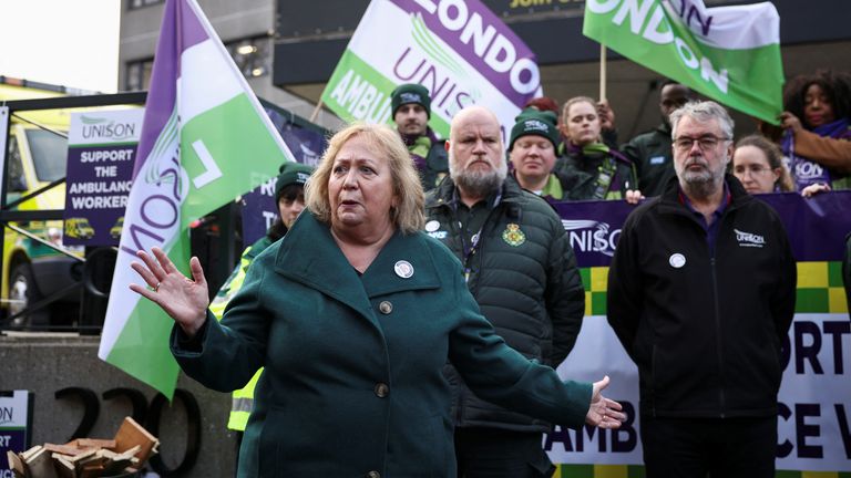 Unison Secretary General Christina McAnea addresses the media, as paramedics go on strike, amid a dispute with the government over pay, outside the NHS London Ambulance Service in London, Britain on Dec. 21, 2022. REUTERS/Henry Nicholls