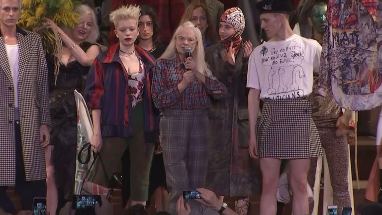 Dame Vivienne Westwood ends her politically-charged fashion show in 2019.