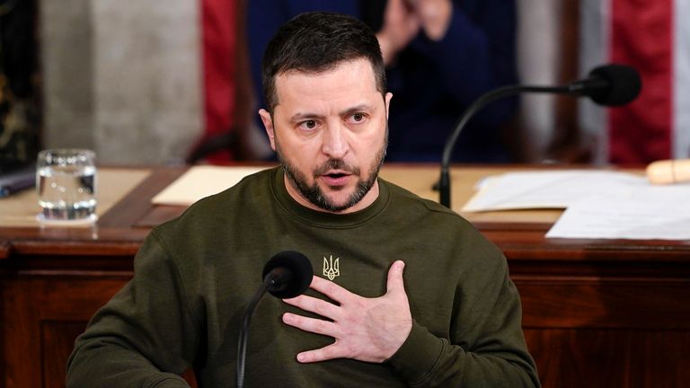 Volodymyr Zelenskyy addresses a joint meeting of the US Congress. Pic: AP