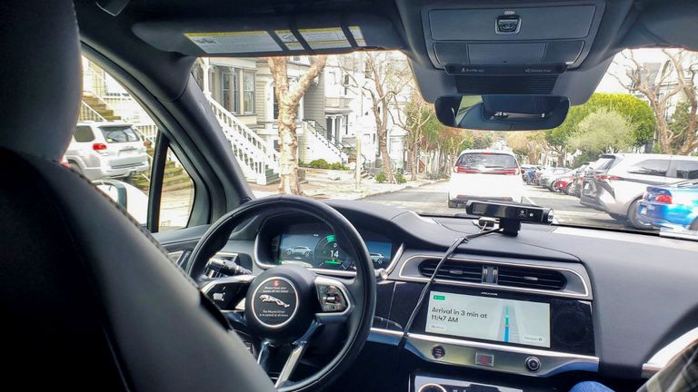 A Waymo rider-only robotaxi is seen during a test ride in San Francisco, California, 