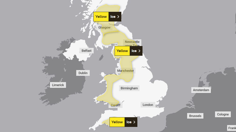 Weather warnings for ice have been issued for Saturday. Pic: Met Office
