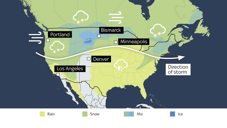 A map showing a snowstorm moving across the United Sates from December 12 to December 13