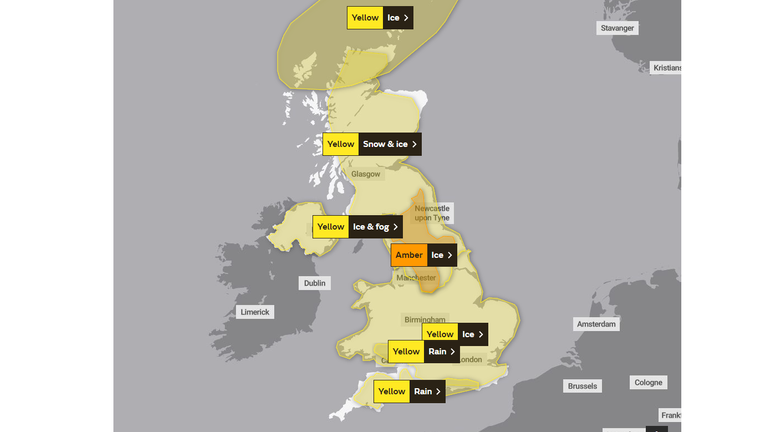 Weather warnings have been issued for Sunday. Pic: Met Office