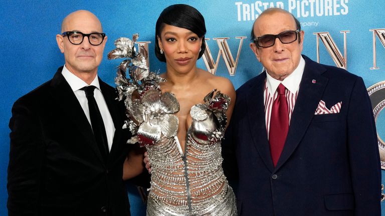Stanley Tucci, left, Naomi Ackie and Clive Davis at the world premiere of Whitney Houston: I Wanna Dance With Somebody in New York City, December 2022. Photo: Charles Sykes/Invision/AP
