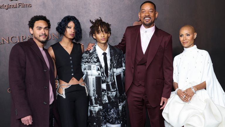 Trey Smith, Willow Smith, Jaden Smith, Will Smith, and Jada Pinkett Smith attend a premiere for the film "Emancipation" in Los Angeles, California