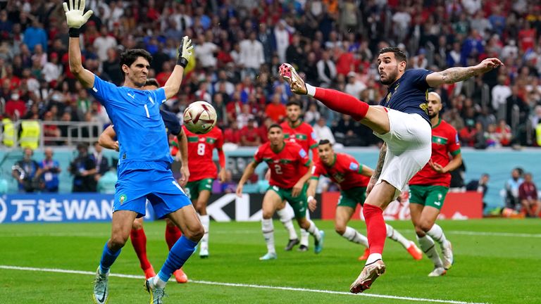 France&#39;s Theo Hernandez scores their side&#39;s first goal of the game during the FIFA World Cup Semi-Final 