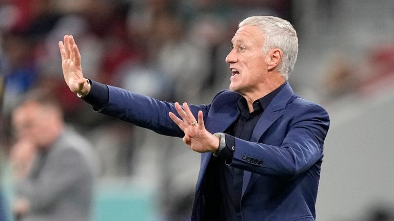 France&#39;s head coach Didier Deschamps gestures during the World Cup round of 16 soccer match between France and Poland, at the Al Thumama Stadium in Doha, Qatar, Sunday, Dec. 4, 2022. (AP Photo/Martin Meissner)