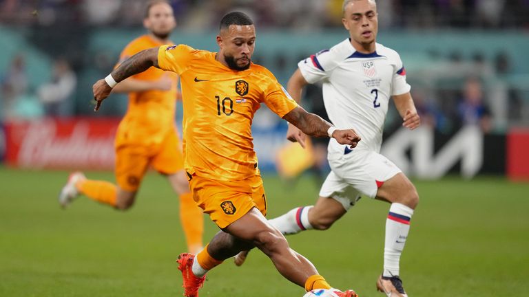 Netherlands&#39; Memphis Depay in action during the FIFA World Cup round of 16 match