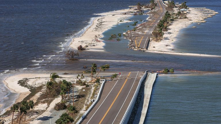 An aerial view of a partially collapsed Sanibel causeway after Hurricane Ian caused widespread destruction, in Sanibel Island, Florida, U.S., September 29, 2022. REUTERS/Shannon Stapleton