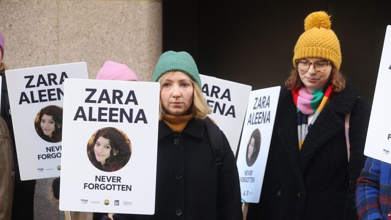 Protesters from Million Women Rise gather outside the Old Bailey in London, ahead of Jordan McSweeney's sentencing for the murder of law graduate Zara Aleena.  