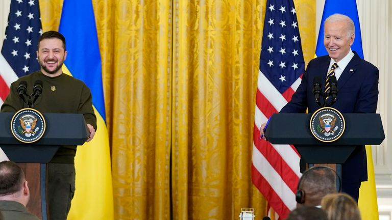 President Joe Biden and Ukrainian President Volodymyr Zelenskyy hold a news conference in the East Room of the White House in Washington