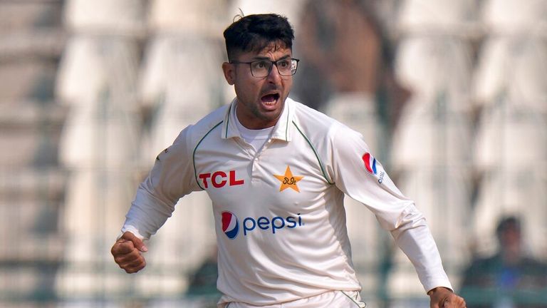 Pakistan&#39;s Abrar Ahmed reacts during the first day of the second test cricket match between Pakistan and England, in Multan, Pakistan, Friday, Dec. 9, 2022. (AP Photo/Anjum Naveed)