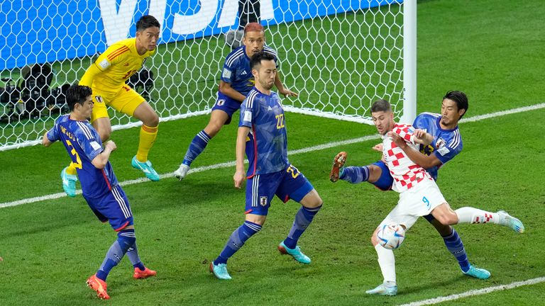 Croatia&#39;s Andrej Kramaric has an attempt on goal blocked