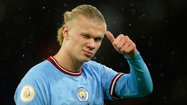 Erling Haaland gestures during the Premier League match between Manchester City and Everton at the Etihad Stadium