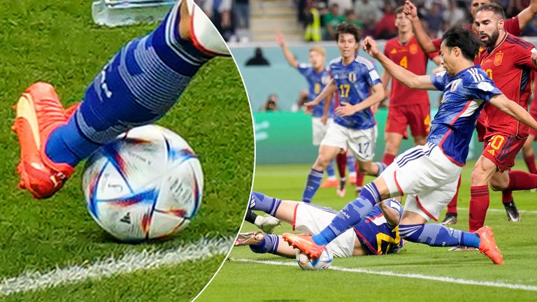 The ball appears to be over the line before Japan&#39;s Kaoru Mitoma crosses for team-mate Ao Tanaka to give them a 2-1 lead against Spain