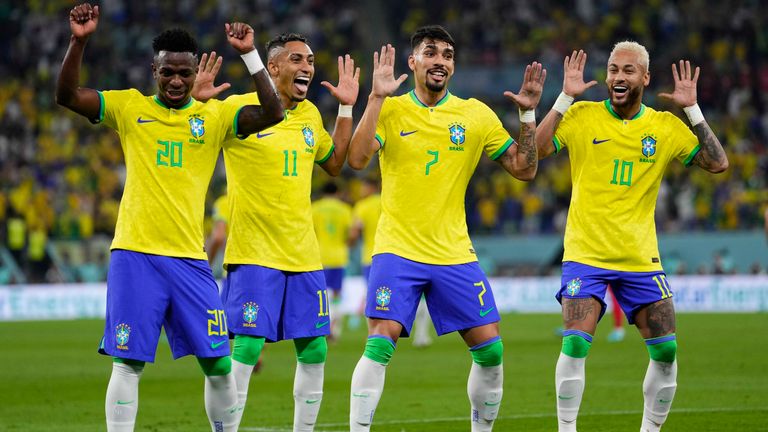 Brazil&#39;s Neymar, from right, celebrates with team mates Lucas Paqueta, Raphinha and Vinicius Junior after scoring his side&#39;s second goal 