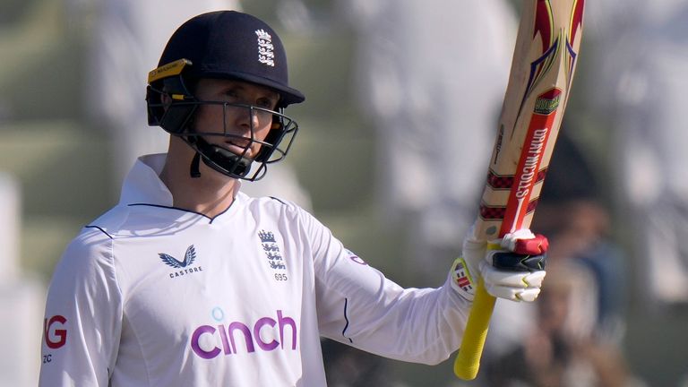 England&#39;s Zak Crawley celebrates after scoring fifty during the first day of the first test cricket match between Pakistan and England, in Rawalpindi, Pakistan, Dec. 1, 2022. (AP Photo/Anjum Naveed)