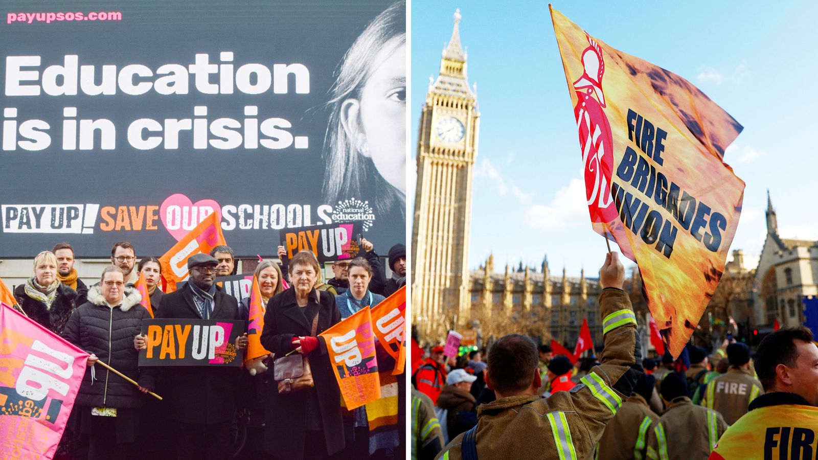 Firefighters and teachers to strike over pay as public sector walkouts continue