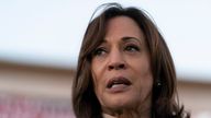 Vice President Kamala Harris talks to the media while visiting a memorial in Monterey Park. Pic: AP