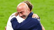 Gianluca Vialli, right, hugs Italy manager Roberto Mancini after winning the Euro 2020 final. Pic: AP