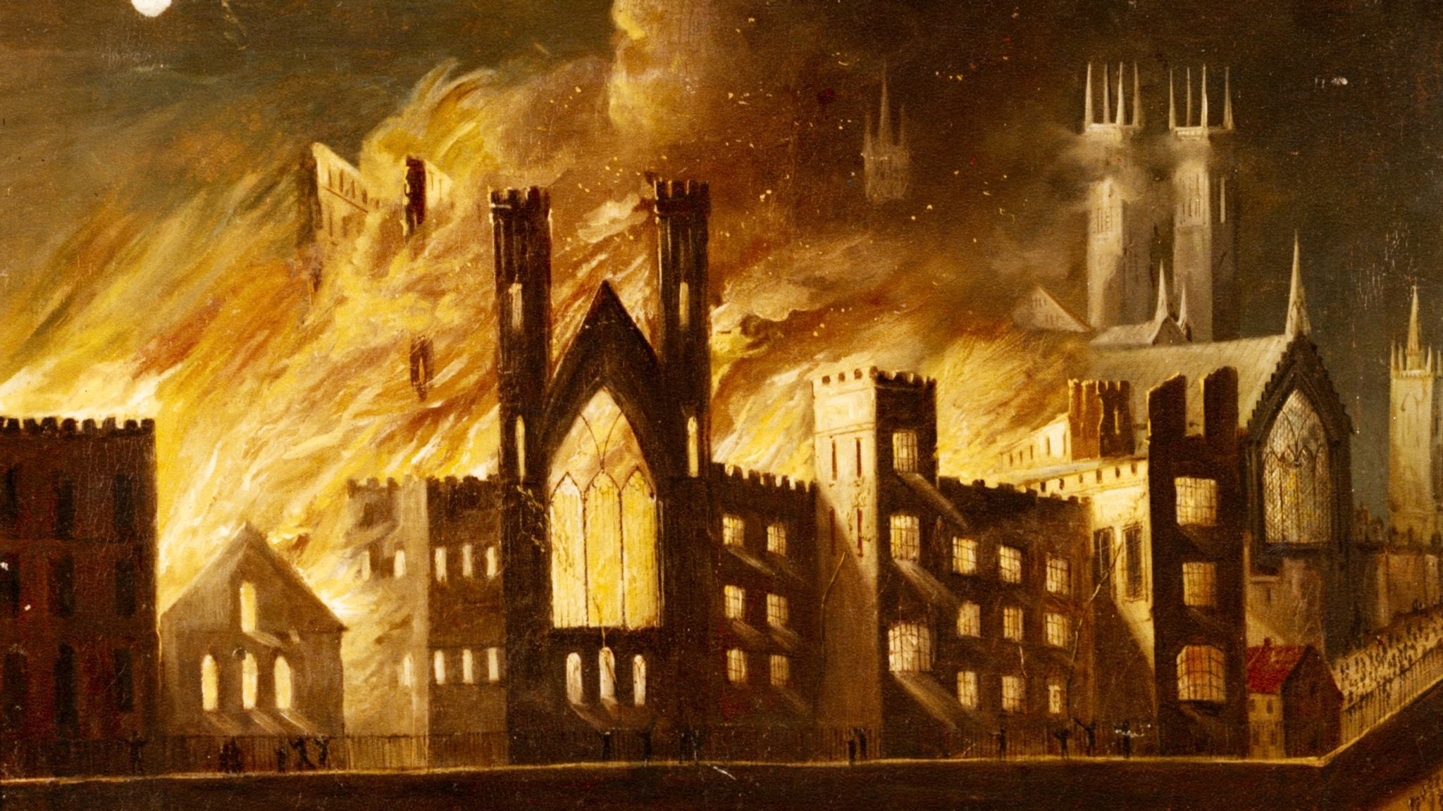 Many houses during the great fire. Great Fire of London 1666. The Day Parliament burned down. Parliament artwork.