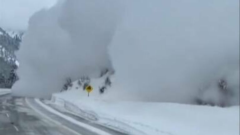 Footage shows snow tumbling toward the camera as avalanche mitigation works are carried out in Utah. 