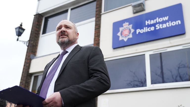 Detective Superintendent Rob Kirby speaks to the media outside Harlow Police station following the discovery of human remains in Oakwood Pond in Harlow