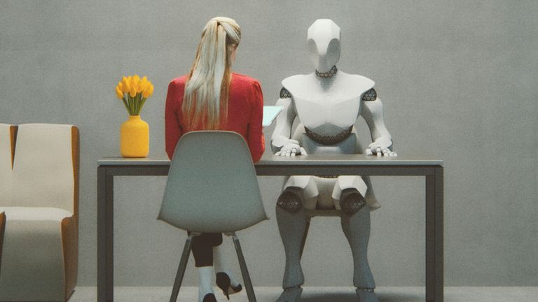 Job interview with futuristic cyborg stock photo