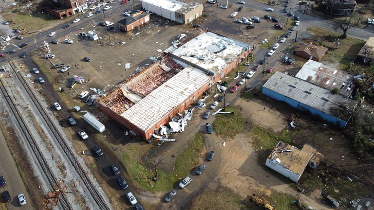 An aerial view shows damage after a tornado touched down in Selma, Alabama, US, on January 12, 2023, in this photo taken from social media.  Kenneth Martin/via REUTERS This photo is provided by a third party.  Compulsory credit.  No resales.  No archives.