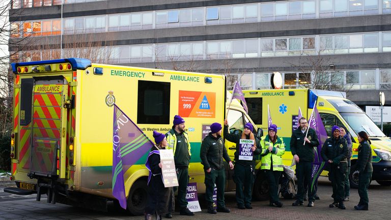 Ambulance workers on the picket line outside Croydon Street Ambulance Station in Bristol. Thousands of members of Unison, Unite and the GMB unions are set to walk out across England and Wales on Monday as part of continued industrial action in the health service. Picture date: Monday January 23, 2023.