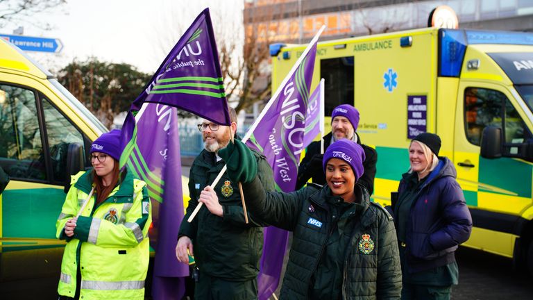Ambulance workers on the picket line outside Croydon Street Ambulance Station in Bristol. Thousands of members of Unison, Unite and the GMB unions are set to walk out across England and Wales on Monday as part of continued industrial action in the health service. Picture date: Monday January 23, 2023.
