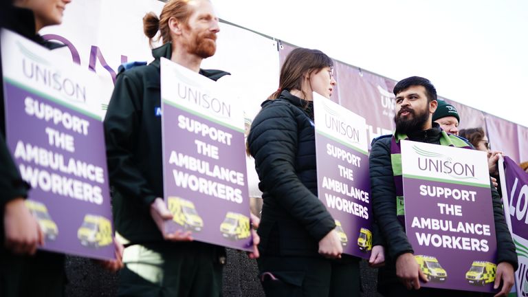 Ambulance workers on the picket line outside London Ambulance Service NHS Trust control room in Waterloo, London, as members of Unison and GMB unions take strike action over pay and conditions that will affect non-life threatening calls. Picture date: Wednesday January 11, 2023.

