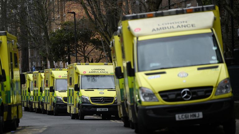 Ambulances are seen parked outside their Waterloo station, amid a dispute with the government over pay, in London, Britain January 11, 2023. 