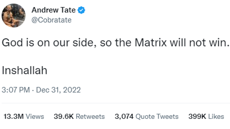 Andrew Tate&#39;s Twitter account has posted a Tweet after his detention in Romania on allegations of human trafficking. Pic: Twitter