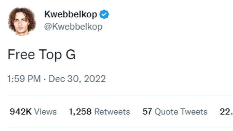 A hashtag &#39;Free Top G&#39; is being shared on Twitter, commonly used in support of Andrew Tate following his arrest for alleged human trafficking. Pic: Twitter