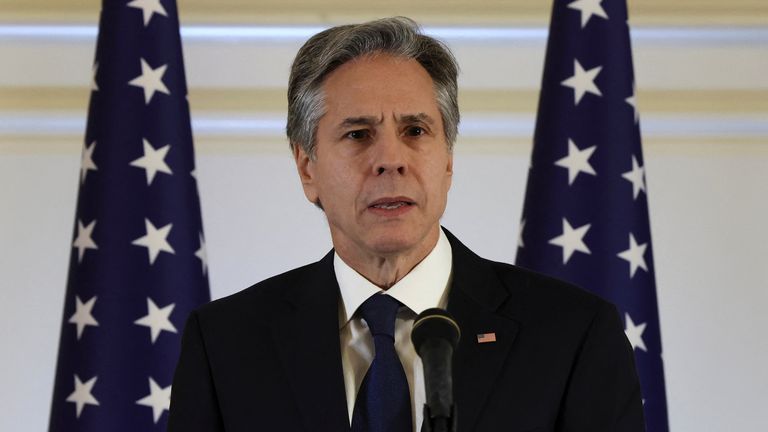 Antony Blinken speaks during a press conference at the Waldorf Astoria in Jerusalem