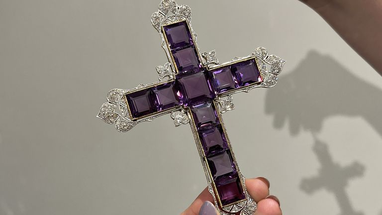 The undated handout photo released by Sotheby's of Attallah Cross, worn by Diana, Princess of Wales, was acquired by Kim Kardashian after the pendant was sold at Sotheby's London.  Release date: Wednesday, January 18, 2023.
