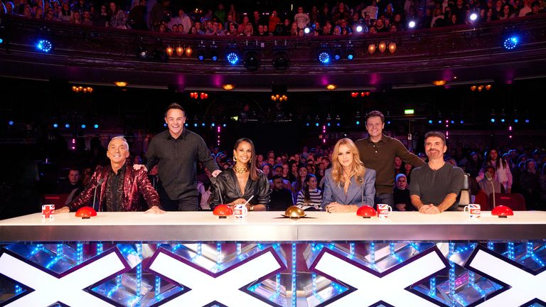 The 2023 BGT panel with (L-R) Bruno Tonioli, Alesha Dixon, Amanda Holden, Simon Cowell, and hosts Ant and Dec standing behind